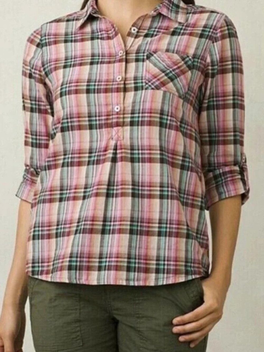 Prana Gina plaid henley long sleeve blouse top shirt